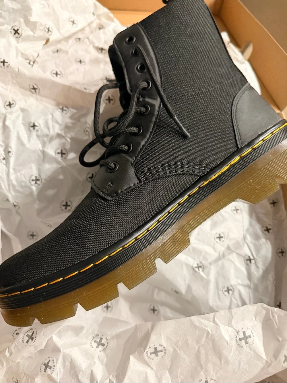 Dr. Martens Black Canvas Lace-Up Combat Boot with Yellow Stitching